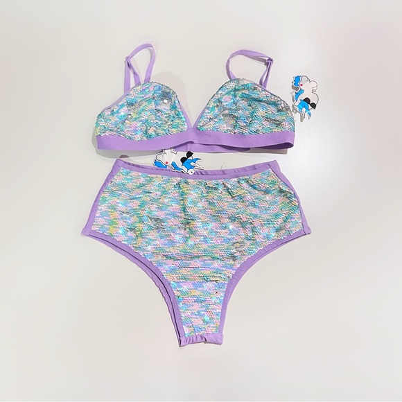NWT iHeartRaves Purple Flip Sequin Pretty Pixie Triangle Top & Bottoms Rave Set - Picture 6 of 15